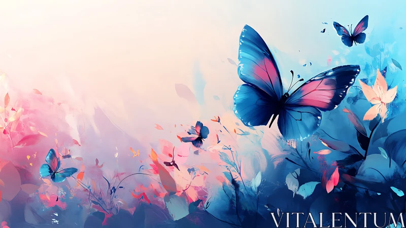 Digital composition shows blue butterflies over abstract flora