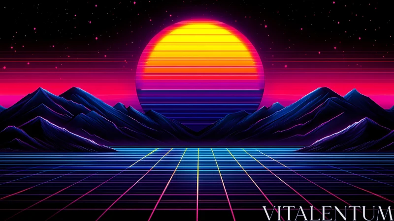 Retro-futuristic neon horizon with grid plane and banded gradient sun