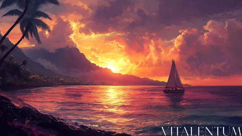 Tropical sailboat glides toward molten gold sunset horizon.