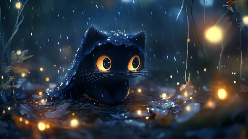 Black Cat Sheltering in Rain with Glowing Eyes and Warm Bokeh Lights