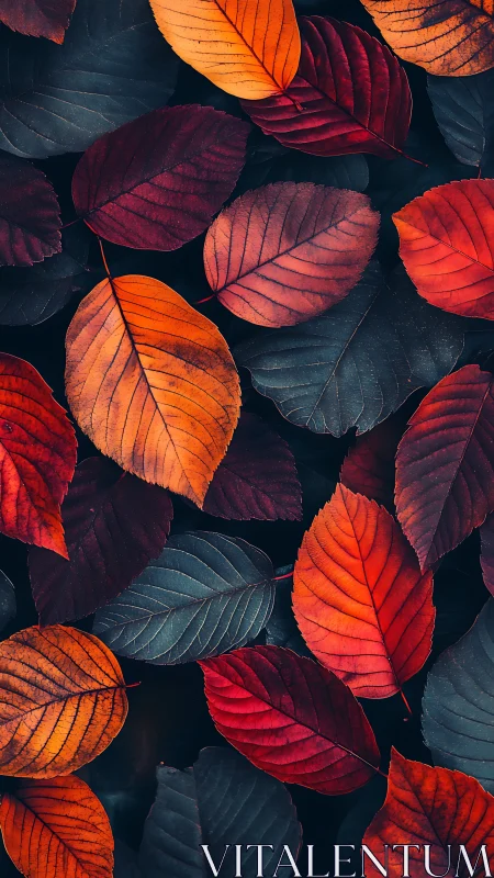 Autumn leaves overlap in vivid red, orange, and deep blue tones.