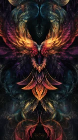 Fractal phoenix ascends through mirrored luminous plumage.