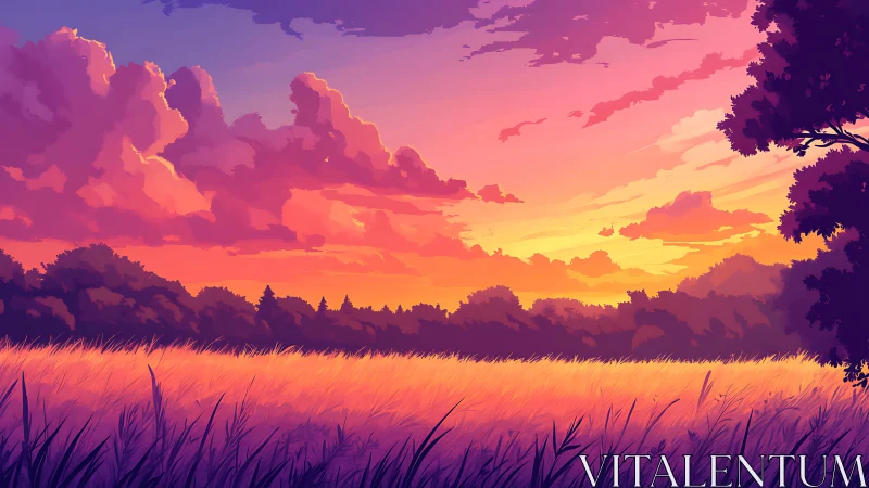 Lavender sunset meadow glowing under candy-cloud skies.