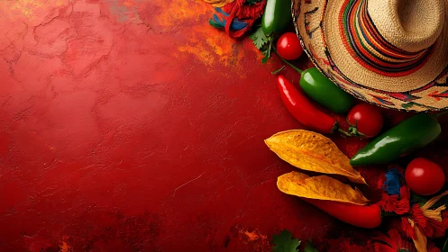 Vibrant Mexican fiesta ingredients rest on rich red background