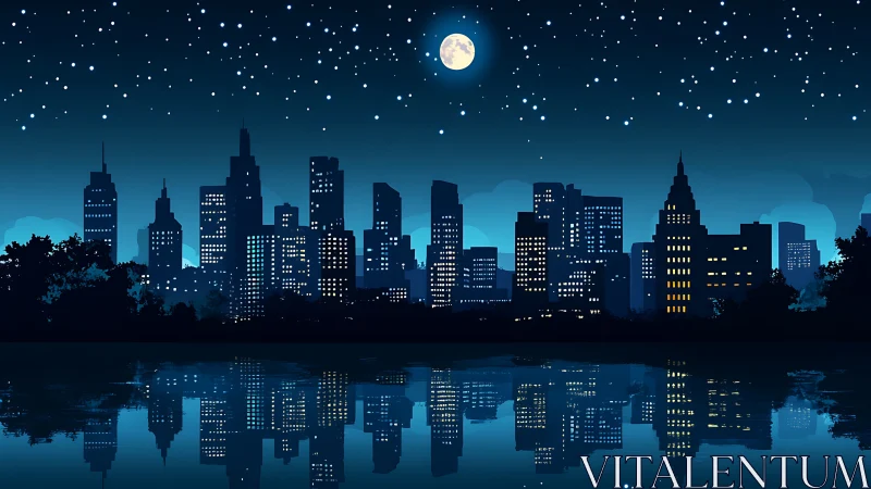 Urban skyline under night sky with reflected city lights.