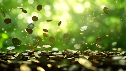 Golden coins cascade over blurred green bokeh background