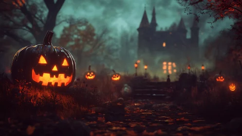 Volumetric-lit jack-o-lantern path approaching haunted castle.