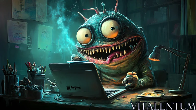 Wide-eyed cartoon monster types frantically at cluttered desk