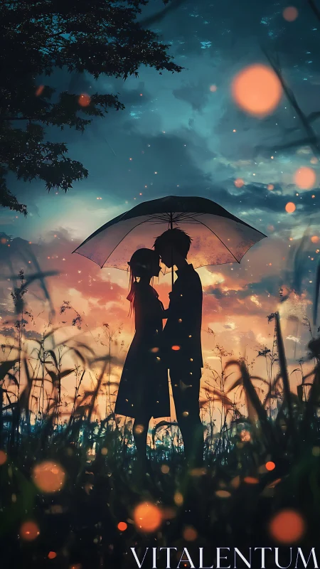 Silhouetted couple under umbrella at dusk with glowing bokeh.