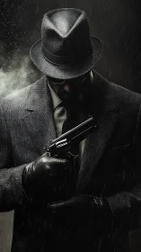 Shadowed noir figure stands in the rain with quiet resolve