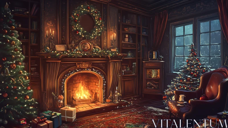 Warm Victorian Christmas hearth in softly glowing study.