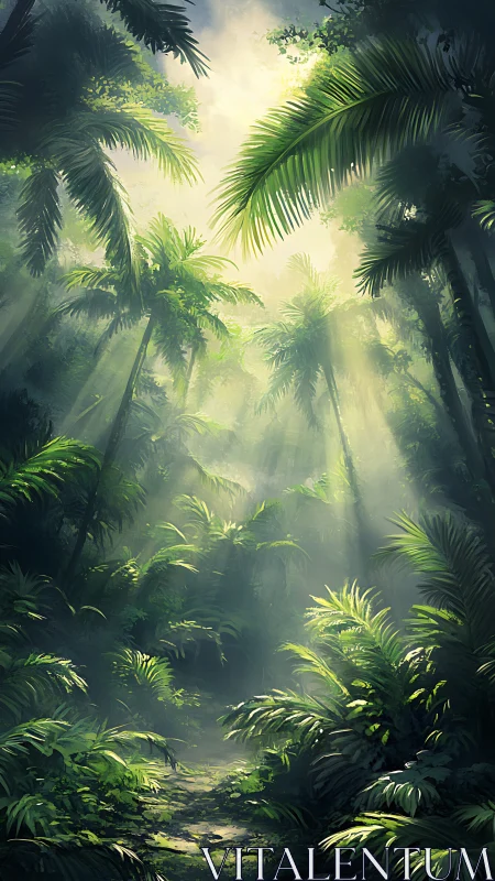 Misty jungle canopy with tall palms and diffused sunlight