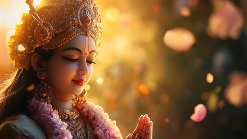 Hindu goddess statue rendered with warm, glowing backlight