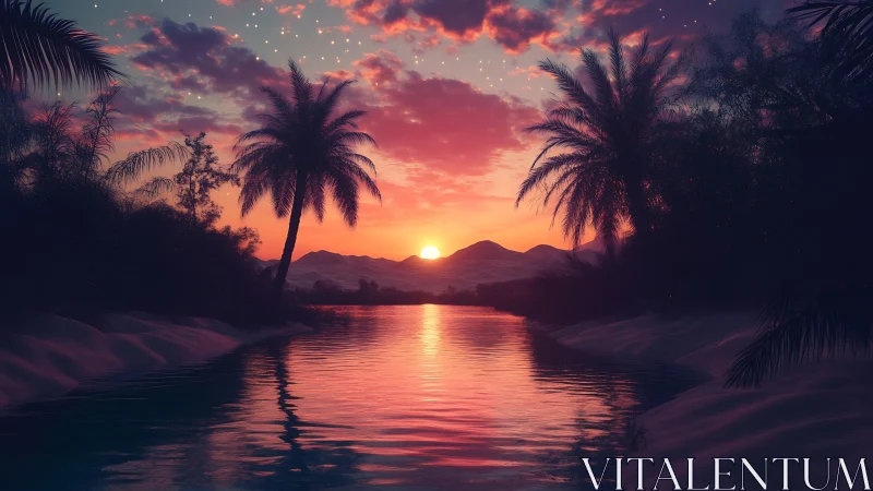 Palm-lined river reflects sunset behind distant sand dunes