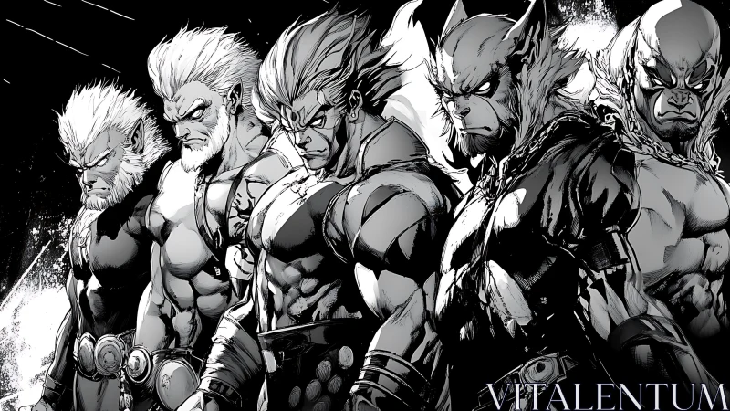 Storm-forged warrior pack standing in bold monochrome ranks.