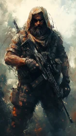 Heavily armed bearded soldier in tactical hooded gear.