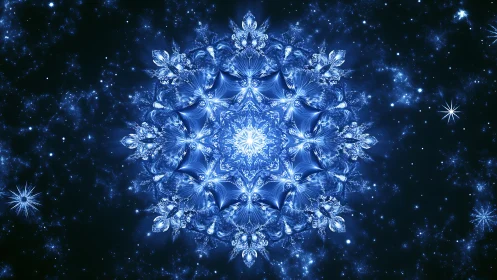 Stellar ice mandala blooming in deep sapphire cosmos.