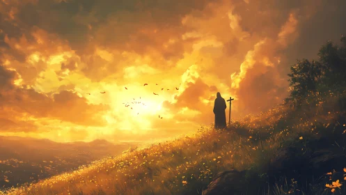 Hooded figure on hillside at glowing golden sunset sky.