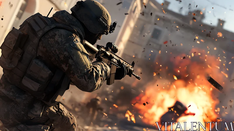 Soldier advances with rifle as urban explosion disperses debris