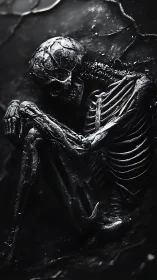 Dark skeletal figure in curled seated position in shadowed void.