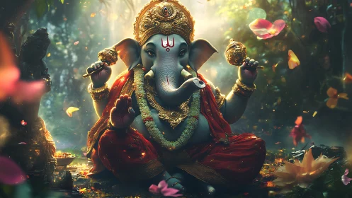 Divine Ganesha digital painting in luminous forest shrine.