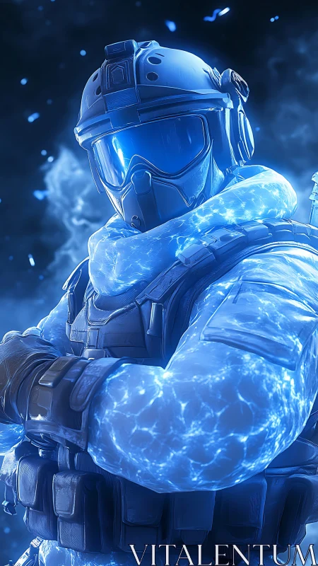 Futuristic tactical soldier in glowing blue energy armor.