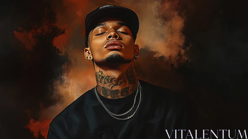 Calm portrait of a tattooed man resting in warm shadows