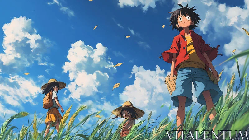 Sunlit straw-hat wanderers crossing a skywide summer meadow.