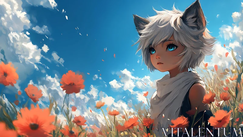 Fox-eared child in poppy field under vivid azure sky.