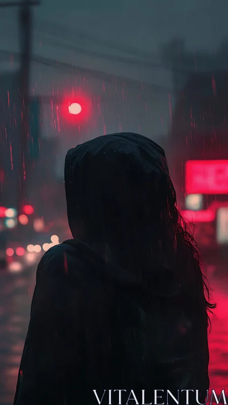 Hooded figure in rainy city street at night under red light.