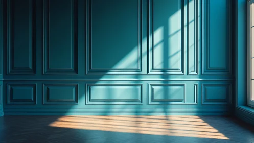 Sunlight passes across teal paneled wall in empty room