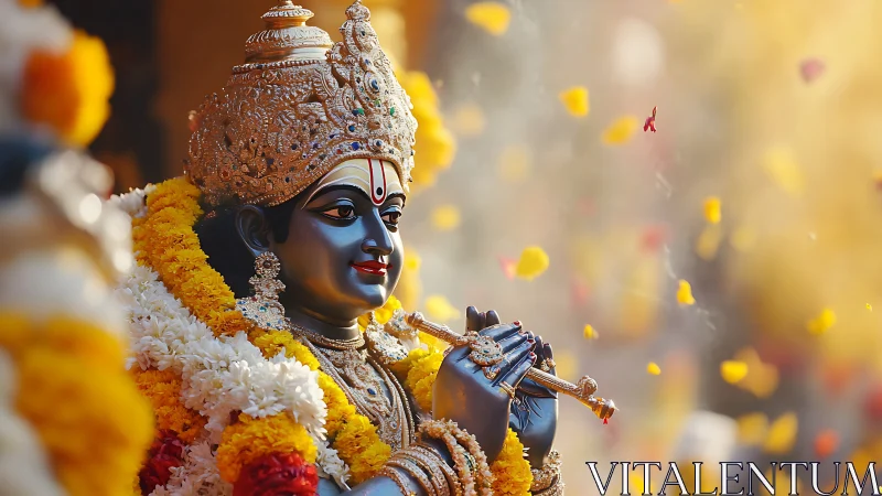 Ornate Krishna statue in garlands captured with shallow depth