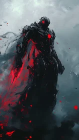 Shadowy armored figure glows with fierce crimson energy