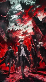 Crimson sky shadows: cool rebels walking the burning city.