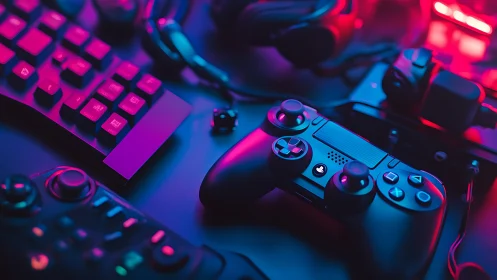 Dual-analog game controller and RGB keyboard under neon light