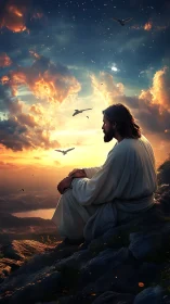 Figure in robe sits on rocky slope beneath clouded sunset sky