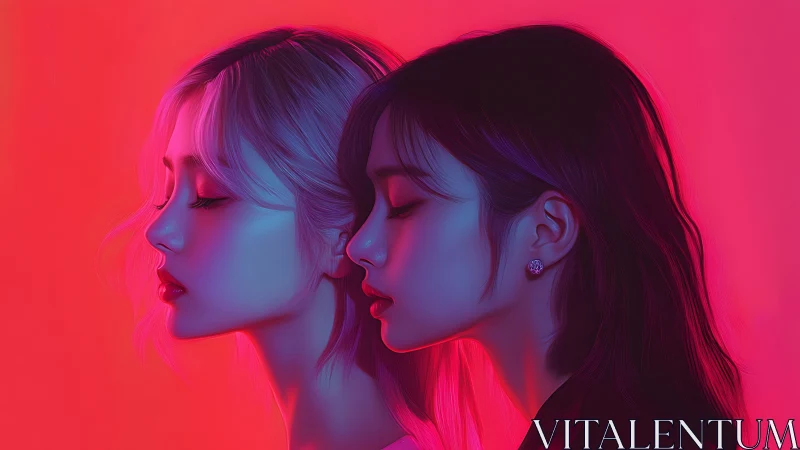Neon-lit twin portraits merge serenity and electric glow.