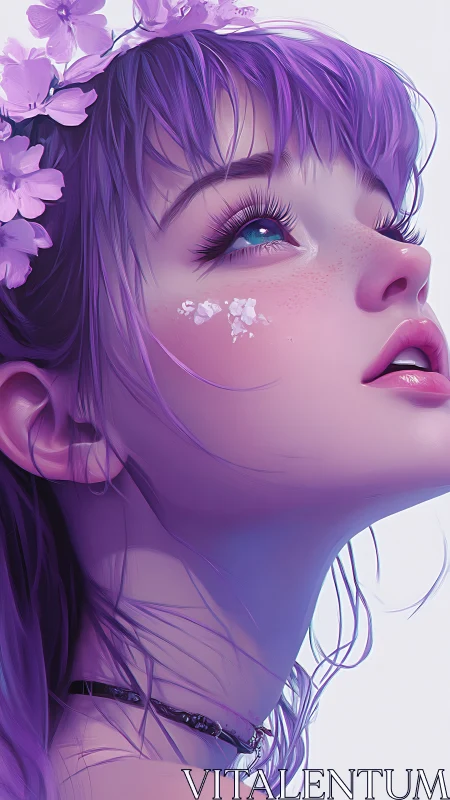 Soft violet daydream with floral whispers and bright eyes.