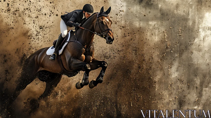 Equestrian jumper explodes through dirt with dynamic power.