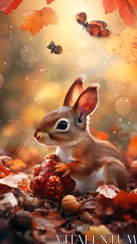 Autumn woodland squirrel cradles textured red forest fruit