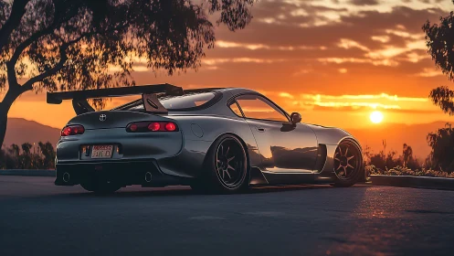 Modified Toyota Supra parked against vivid sunset sky.
