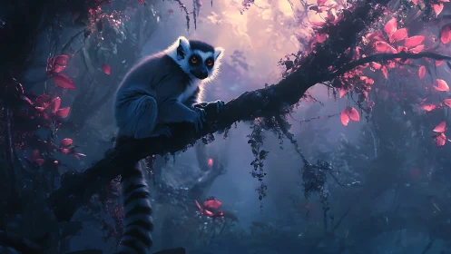 Ring tailed lemur sits on branch in glowing fantasy forest