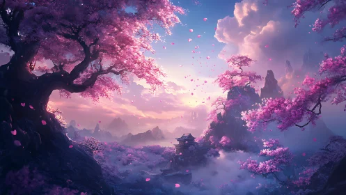 Digital painting of ethereal sakura valley with mountain shrine.