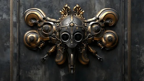 Baroque brass biomechanical mask with symmetrical turbine wings