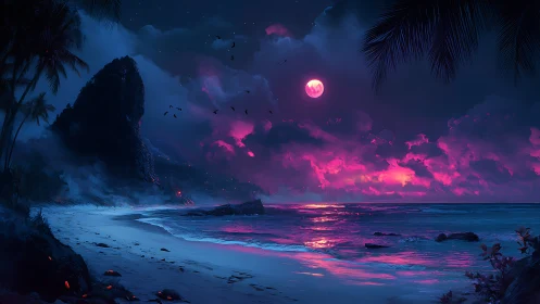 Mystical Moonlit Beach with Dramatic Pink Sky.