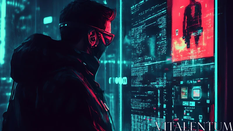 Cyberpunk hacker at neon data wall in futuristic cityscape.