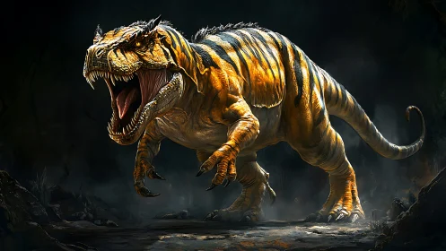 Roaring striped dinosaur advances through dark rocky terrain