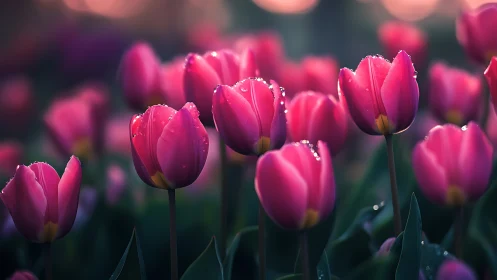 Magenta Tulips Adorned With Morning Dewdrops Glow