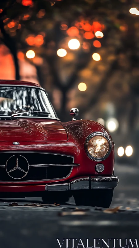 Red classic Mercedes front view on city street at dusk.