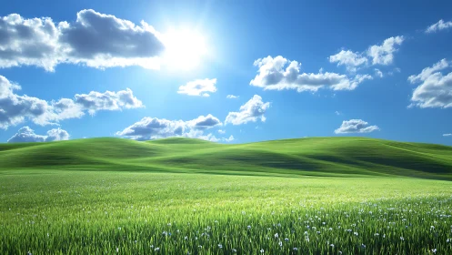 Sunlit grassy hills extend beneath scattered cumulus clouds.